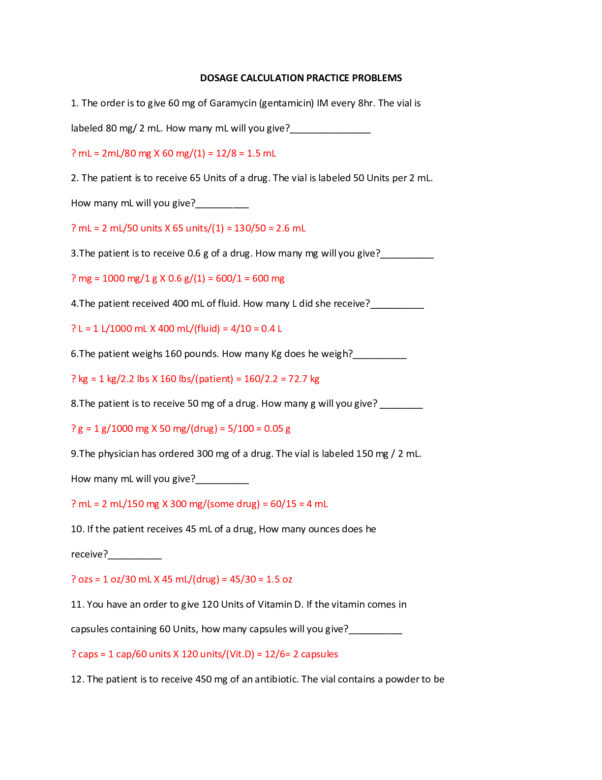Preview image of ATI 100 Dosage Calculation Practice Problems with Answers document